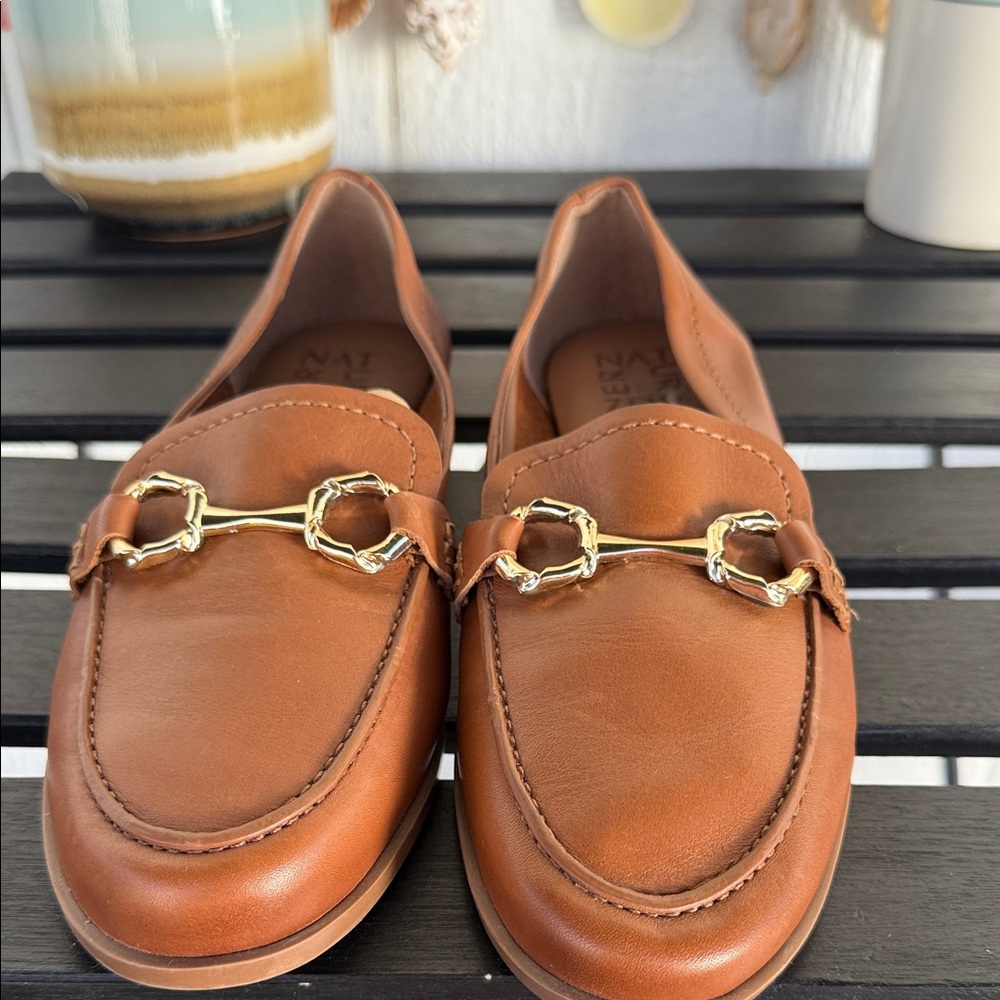 Naturalizer Tan Leather Loafers with Gold Detail